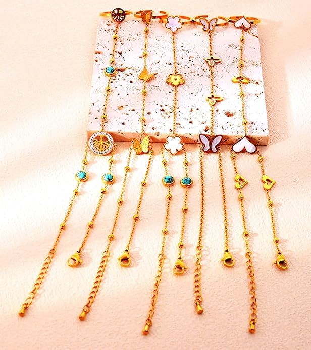 KROSS KULTURE 18K Gold Tree of Life Charm Hand Chain Finger Ring Bracelet with Turquoise Gemstones, Adjustable Dainty Waterproof Hypoallergenic Stainless Steel Fashion Jewelry Gift for Her