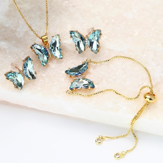 MISS RIGHT Butterfly Crystal Jewelry Set with Butterfly Necklace Stud Earrings Bolo Bracelet Adjustable Ring for Women Trendy, Iridescent Y2K Dainty Butterfly Jewelry Gifts