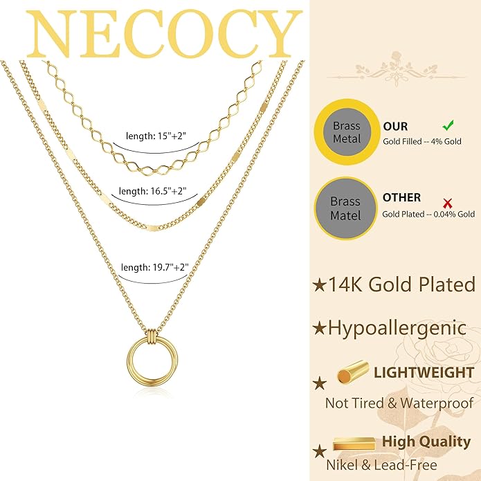 NECOCY Valentine's Day Gift 14k Gold/Silver Plated Layered Gold Necklaces for Women, 3Pcs Dainty Herringbone Choker Set, Trendy Stack Simple Chain Layering Pendant Jewelry