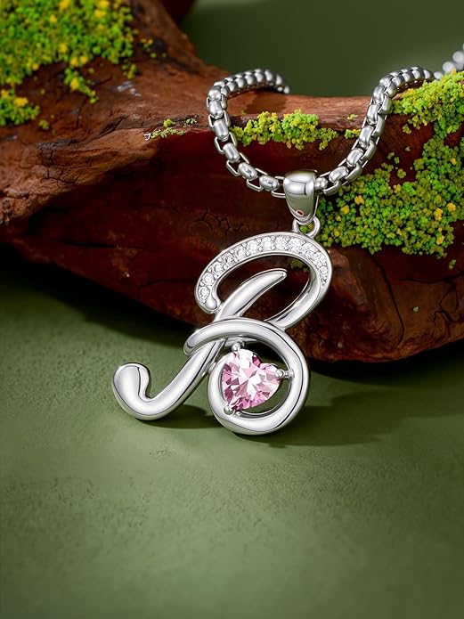 Valentines Day Gifts for Women Alphabet A to Z Initial Birthstone Pendant Necklaces for Women - 18k White Gold Plated Personalized Name Jewelry Valentine Mothers Day Birthday Gifts for Women Her Girlfriend