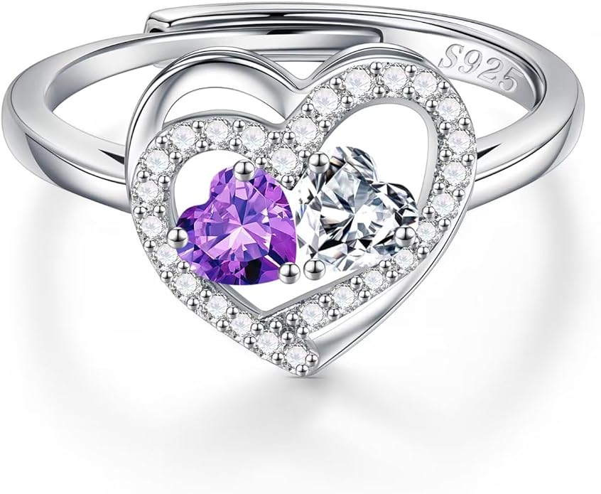 Iefil Adjustable Ring for Women - 925 Sterling Silver Double Birthstone Rings, Anniversary Birthday Gifts for Women Wife Her