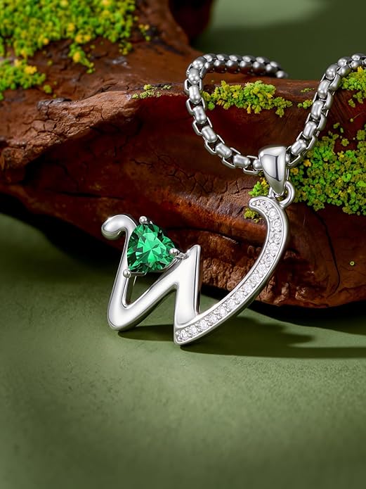 Valentines Day Gifts for Women Alphabet A to Z Initial Birthstone Pendant Necklaces for Women - 18k White Gold Plated Personalized Name Jewelry Valentine Mothers Day Birthday Gifts for Women Her Girlfriend
