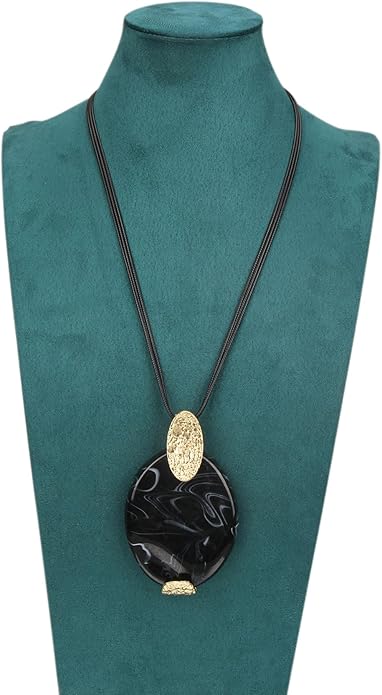 GelConnie Leather Necklace for Women Large Pendant Long Brown Necklace Circle Leather Choker Vintage Sweater Necklace Gold Chunky Boho Necklaces for Women