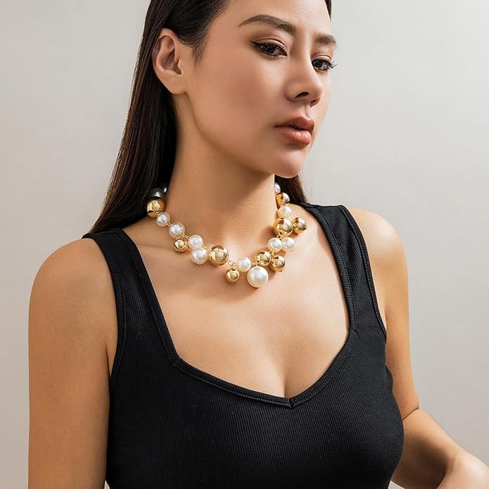 Chunky Gold Beads Necklaces for Women,Vintage Exaggeration Necklace Statement Punk Big Thick Beaded Necklace Fashion Classic Jewelry