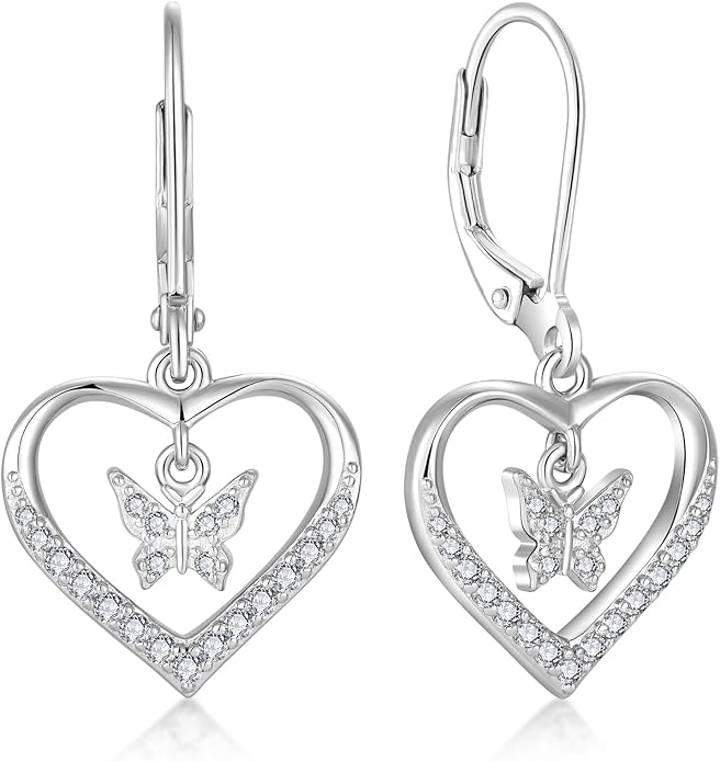 Butterfly Birthstone Heart Dangle Drop Earrings, 925 Strlings Silver 5A Cubic Zircon Leverback Earrings Jewelry Anniversary Birthday Gifts for Women