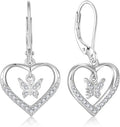 Butterfly Birthstone Heart Dangle Drop Earrings, 925 Strlings Silver 5A Cubic Zircon Leverback Earrings Jewelry Anniversary Birthday Gifts for Women