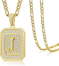 Initial Letter Pendant Necklace for Men Women, 14K Gold Square Monogram Alphabet Necklace with Figaro Chain, Valentines Day Birthday Gifts for Him Her