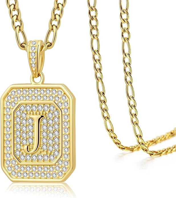 Initial Letter Pendant Necklace for Men Women, 14K Gold Square Monogram Alphabet Necklace with Figaro Chain, Valentines Day Birthday Gifts for Him Her