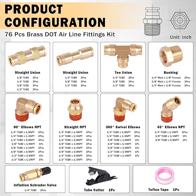 CheeMuii 76 Pcs Brass DOT Air Line Fittings Kit DOT Push to Connect Fitting | - Image 2