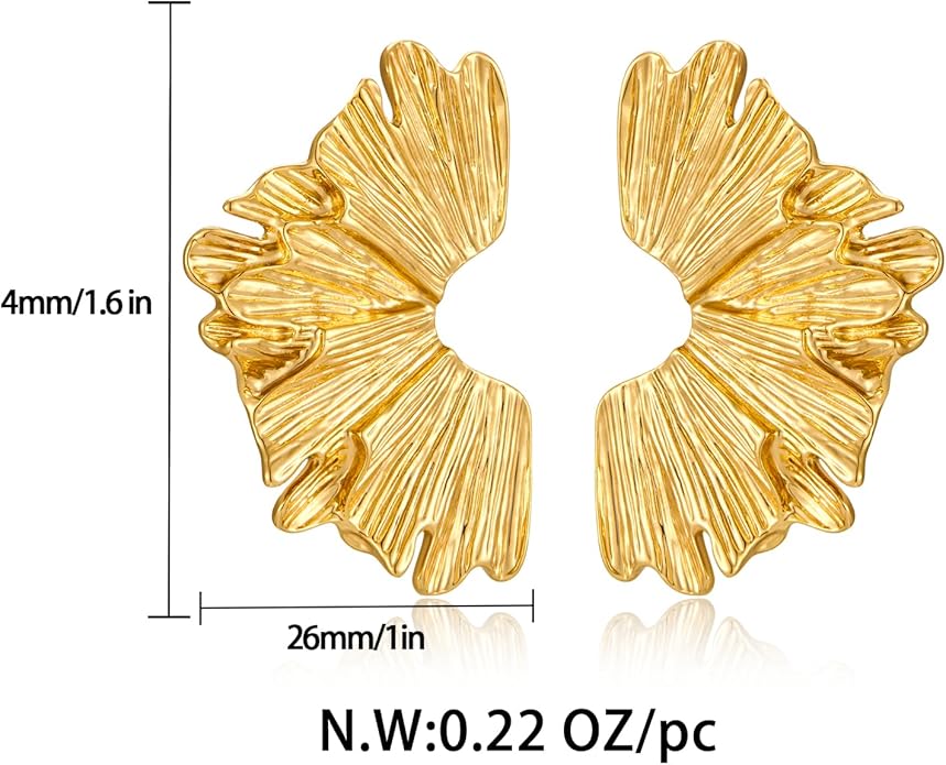 Chunky Gold Statement Earrings For Women Gold Plated Sectored Flower Leaf Shell Angel Wing Earrings Trendy Boho Jewelry For Women Large Stud Earrings Hypoallergenic Earrings