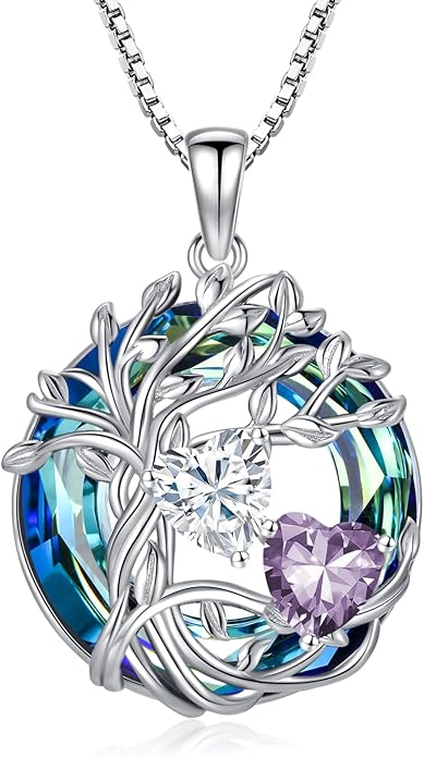 TOUPOP s925 Sterling Silver Family Celtic Tree of Life Pendant Necklaces with 2 Heart Birthstone with Blue Austrian Crystal Jewelry Birthday Valentines Day Gifts for Her, Anniversary Christmas Gifts for Wife Girlfriend Mom (18K Real White Gold Filled)