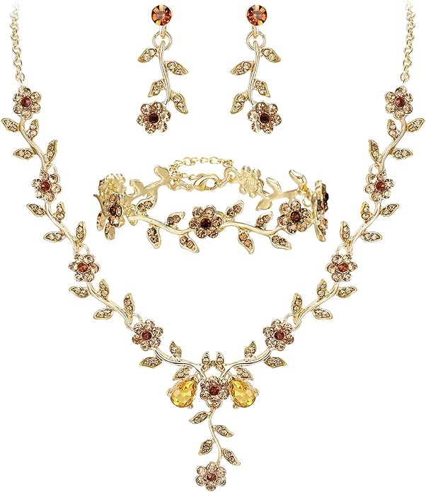 BriLove Women's Wedding Jewelry Leaf Cluster Flower Crystal Dangle Earrings Pendant Necklace Set for Bridal