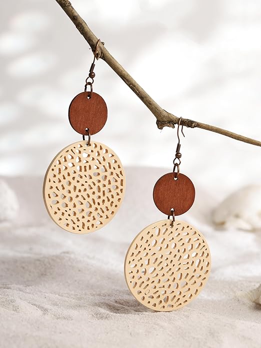 MINACHI Bohemian Hollow Cut-Out Wood Leather Dangle Drop Earrings, Boho Chic Hippie Statement Jewelry Gift for Women