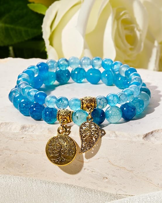 Bivei Natural Semi Precious Gemstone beads bracelet for women - Life Tree and Leaf Charm Energy Reiki Crystal Stretch Bracelets