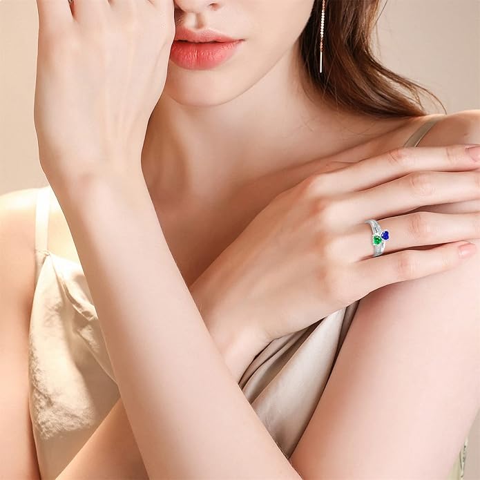 Personalized Heart Birthstone Rings for Women with 2 Birthstones Custom Name Rings for Couple Mother Daughter Jewelry Gift for Mother Her Christmas