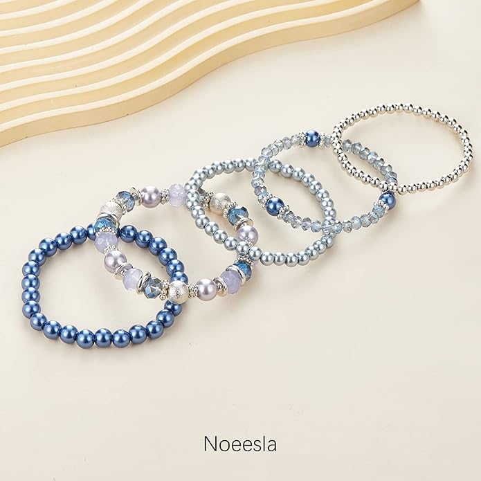 Noessla Beaded Pearl Stretch Bracelet Silver Stackable Crystal Beads Bracelets Trendy Costume Jewelry Mothers Day Gifts for Women