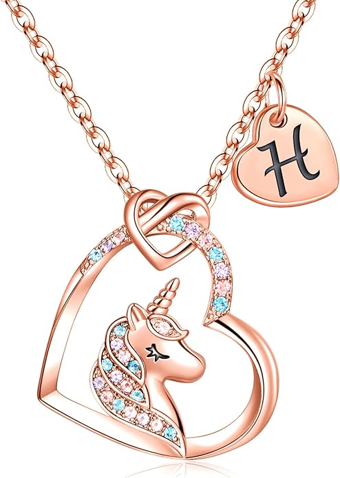 Hidepoo Valentines Gifts for Kids Girls - Unicorn Necklace Gifts for Teen Girls Kid, Colorful CZ Heart Pendant Initial Unicorn Necklaces for Girl Jewelry Birthday Gift for Girl Kid