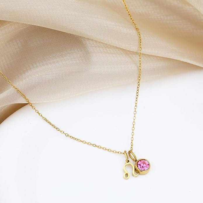 MISS RIGHT Initial Birthstone Necklace for Women - Personalized Gifts Birthday Gifts for Women Stainless Steel 18K Gold Plated Dainty Gold Zodiac Sign 12 Constellation Horoscope Necklace Jewelry