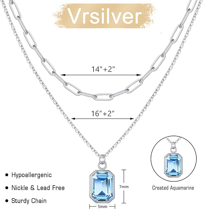 Layered Birthstone Necklace for Women Girls, 14K Gold-Plated Paperclip Chain Choker Necklace with Rectangle Birthstone Pendant Birthday Gifts for Women Girls Dainty Small