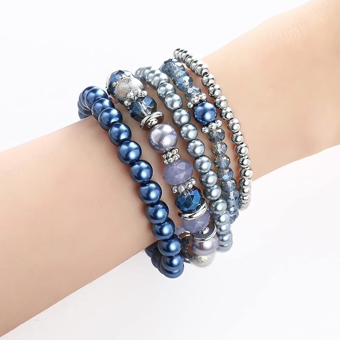 Noessla Beaded Pearl Stretch Bracelet Silver Stackable Crystal Beads Bracelets Trendy Costume Jewelry Mothers Day Gifts for Women