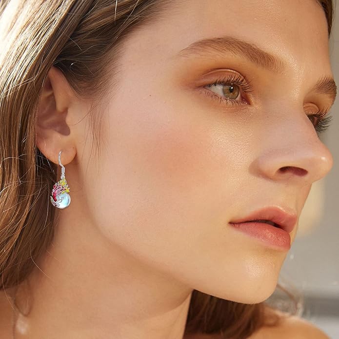 PELOVNY Animal Dangle Earrings Sterling Silver Hypoallergenic Moss Agate Crystal Moonstone Earrings Bee Butterfly Dolphin Peacock Phoenix Jewelry Birthday Christmas Gifts for Women