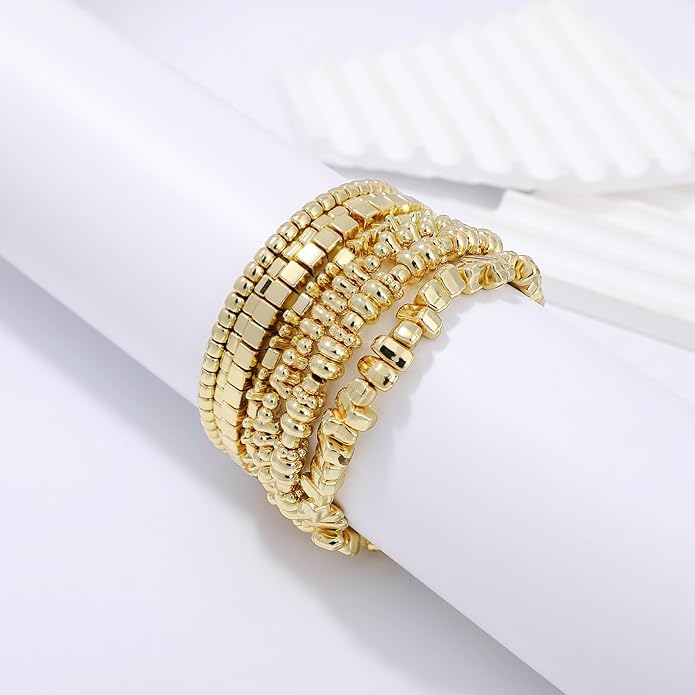 Gold Plated Beaded Bracelets for Women Trendy, 14K Gold Plated Stack Cross Pearl Gold Plated Bead Stretch Bracelets Set Elastic Hypoallergenic Bracelets Jewelry Gifts