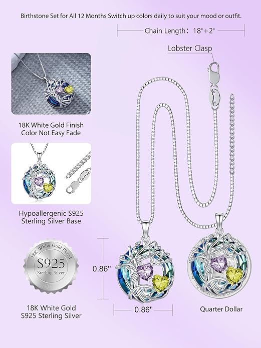 TOUPOP s925 Sterling Silver Family Celtic Tree of Life Pendant Necklaces with 2 Heart Birthstone with Blue Austrian Crystal Jewelry Birthday Valentines Day Gifts for Her, Anniversary Christmas Gifts for Wife Girlfriend Mom (18K Real White Gold Filled)