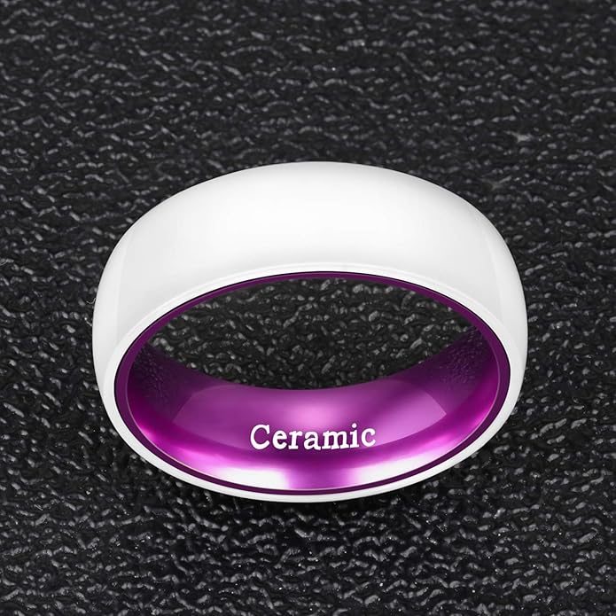 POYA White Ceramic Ring 6mm 8mm Wedding Band for Men Women Inlay Anodized Aluminum Liner Comfort Fit