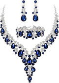 BriLove Women's Wedding Bridal Austrian Crystal Teardrop Flower Cluster Statement Necklace Dangle Earrings Jewelry Set for Party Prom