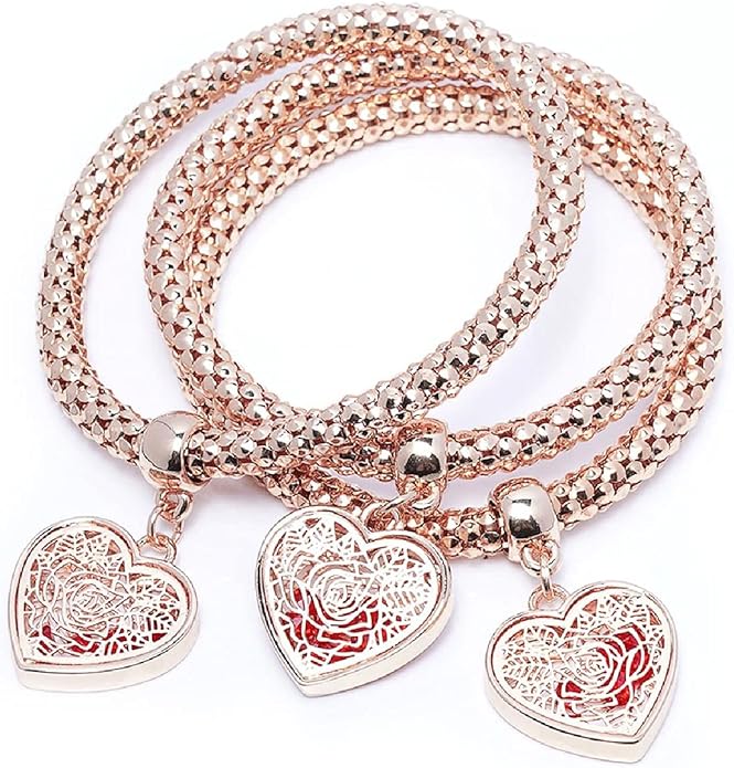 Crystal Charms Multilayer Bracelets - 3PCS Gold/Silver/Rose Gold Corn Chain Bracelet for Women, Tree of Life Heart Shaped Stretch Bracelet