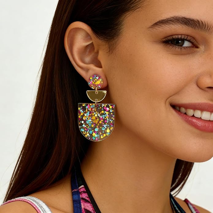 Women's Multicolor Confetti Acrylic Earrings - Boho Geometric Half Moon Dangle Earrings, Funky Neon Sparkly Statement Earrings for Summer Party & Daily Wear