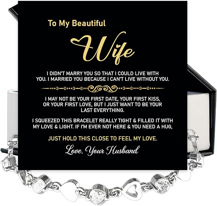 “To My Wife Heart Bracelet – Crystal Heart Link Jewelry Gift with Message Card”.
