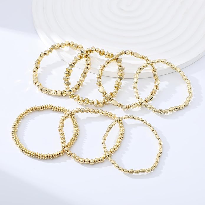Gold Plated Beaded Bracelets for Women Trendy, 14K Gold Plated Stack Cross Pearl Gold Plated Bead Stretch Bracelets Set Elastic Hypoallergenic Bracelets Jewelry Gifts