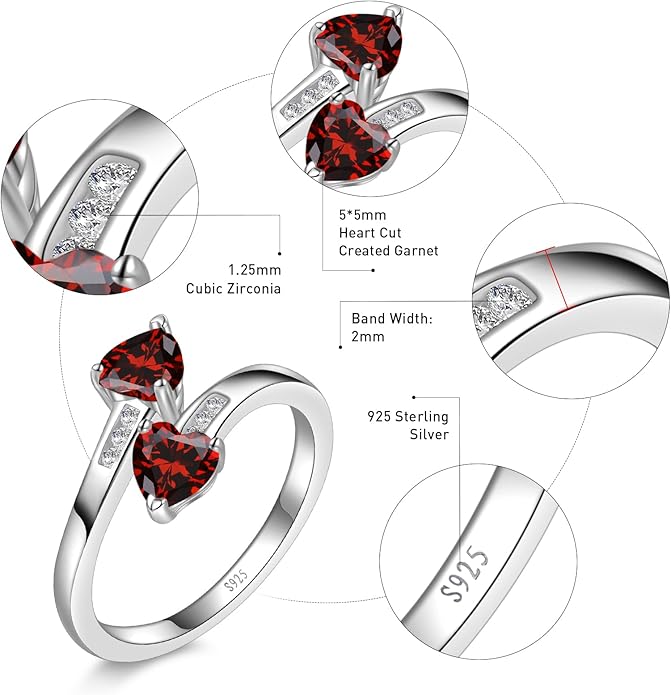 1CT Adjustable Women Heart Ring 925 Sterling Silver Birthstone Rings for Women Promise Ring for her Simulated Gemstone Statement Stackable Band Width 2mm Open Size 5~9
