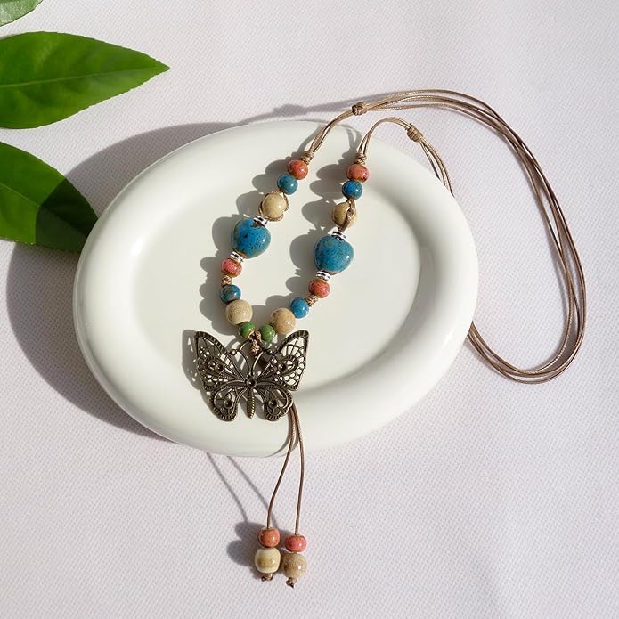 Boho Style Colorful Ceramic Bead Strand Necklace Adjustable Bohemian Jewelry Gift for Women, Fashion Clothing Matching Necklace