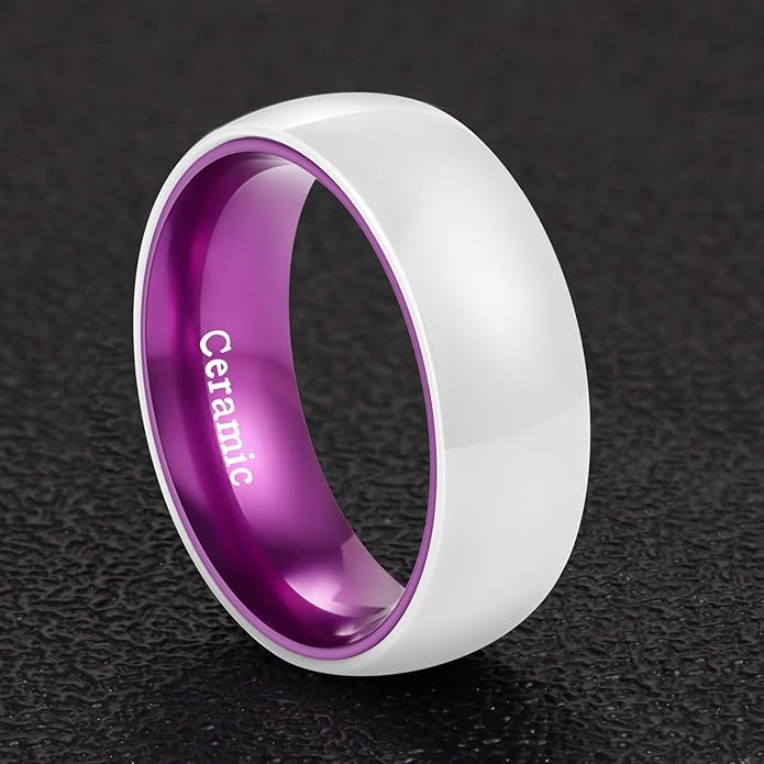 POYA White Ceramic Ring 6mm 8mm Wedding Band for Men Women Inlay Anodized Aluminum Liner Comfort Fit