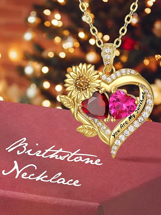 Sunflower Heart Necklace for Women 14K Gold Exquisite Valentines Day Anniversary Birthday Gifts for Wife Mother Her Double Birthstone Pendant Jewelry‘You Are My Sunshine’