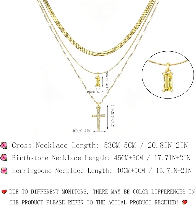 3Pcs Gold Layered Necklaces for Women, 14K Gold Plated Cross Necklace, Dainty Birthstone Necklace for Women, Herringbone Gold Necklaces Set, Stackable Women's Gold Pendant Necklaces Jewelry Set
