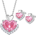 Love Heart Necklaces and Earrings with Rose Cut Birthstone Silver Plated Elegant Jewelry Set for Women CS0002