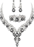 BriLove Women's Wedding Bridal Austrian Crystal Teardrop Flower Cluster Statement Necklace Dangle Earrings Jewelry Set for Party Prom