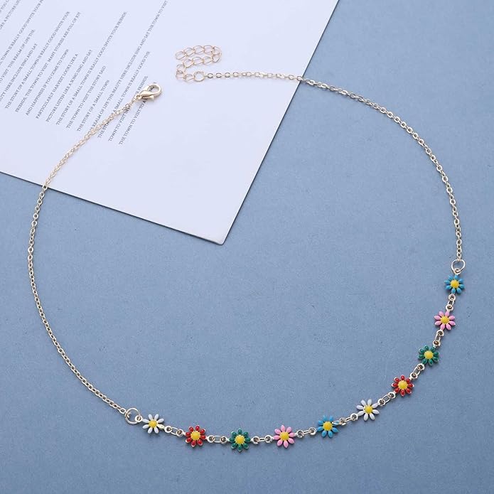 Vintage Layered Colorful Flower Necklace Multi Color Daisy Flower Choker Necklace Gold Rainbow Daisy Necklace Enamel Floral Necklace Chain Jewelry for Women