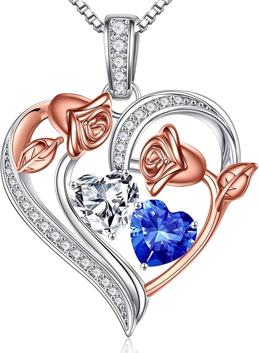 Iefil Valentines Day Gifts for Her - 925 Sterling Silver Rose Heart Necklace, Birthstone Jewelry, Anniversary Birthday Gifts for Wife Girlfriend Mom Daughter