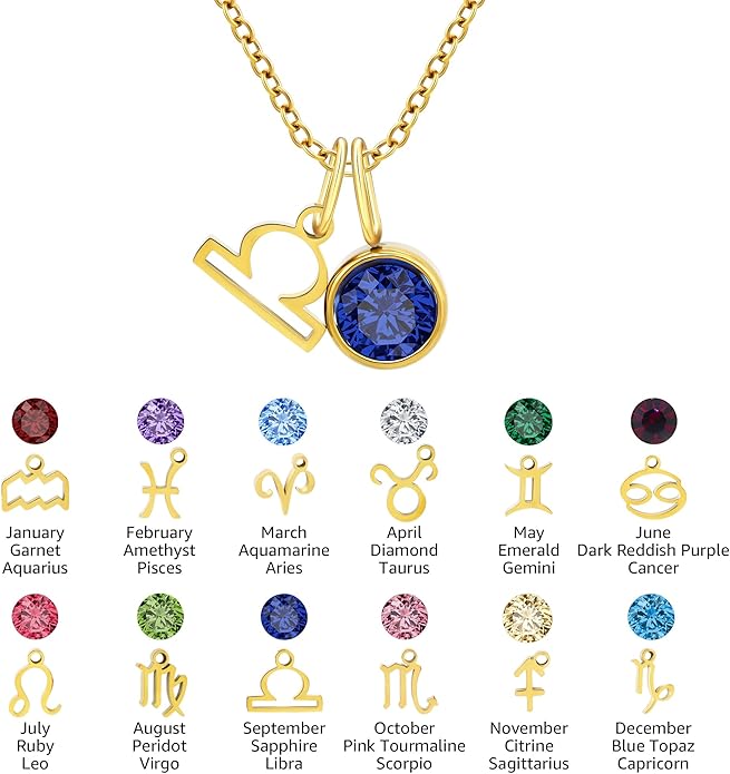 MISS RIGHT Initial Birthstone Necklace for Women - Personalized Gifts Birthday Gifts for Women Stainless Steel 18K Gold Plated Dainty Gold Zodiac Sign 12 Constellation Horoscope Necklace Jewelry