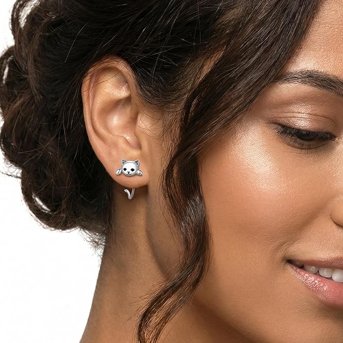 S925 Sterling Silver Stud Earrings for Women, Animal Cat & Dog Studs and Minimal Teardrop Ear Climber, Hypoallergenic Earrings for Sensitive Ears, Gift Box Included