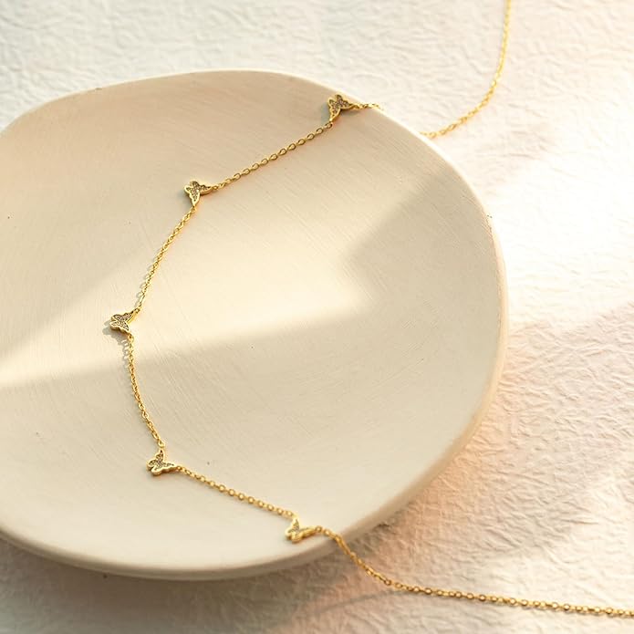 VRIUA Necklaces for Women - 14K Gold/Silver Plated Dainty Chain Necklace with Five Charms: Diamond, Bow, Snowflake, Cross, Flower, Clover, Butterfly, Heart, Star of David, and Star Trendy Jewelry