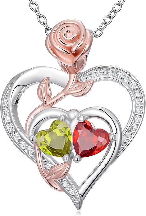 Rose Flower Heart Pendant for Women Birthday Gifts 18k Gold Plated Mother Daughter Necklace with 12 Months Birthstone Christmas Valentines Day Gifts for Her Mom Anniversarry Jewelry for Mom Wife Girlfriend