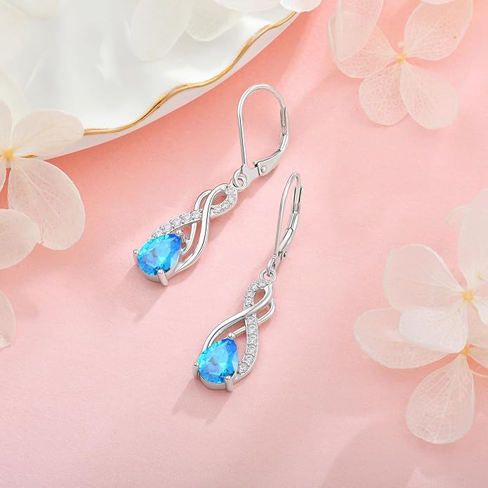 Infinity Love Birthstone Earrings for Women 925 Strling Silver 5A Cubic Zirconia Dangle Drop Leveback Earrings Jewelry Birthday Christmas Day Gifts for Her