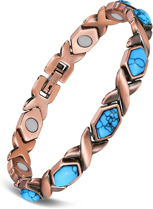 Feraco Pure Copper Bracelets for Women, Ultra Strength Magnetic Bracelet with 3800 Gauss Magnets & Natural Turquoise & Stones, Adjustable, Jewelry Gift