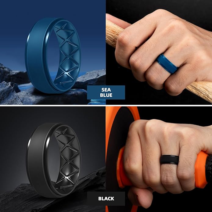 Egnaro Men's Rings 8.5mm Wide-2mm Thick Inner Arc Ergonomic Breathable Rubber Wedding bands-Hypoallergenic for Gym/Outdoor/Gift((1-7 Variety Pack with Half Size)