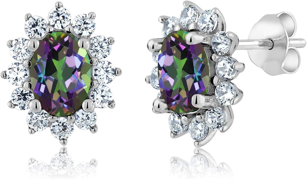 Gem Stone King 7X5MM Oval Gemstone Birthstone Stud Earrings For Women | Princess Diana Royal Halo Style | 925 Sterling Silver | Fine Jewelry Gifts for Anniversary Wedding Her Mom Women Wife